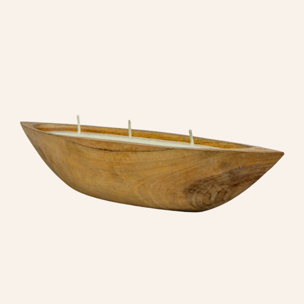 Bougie Pirogue trois mèches en bois de teck