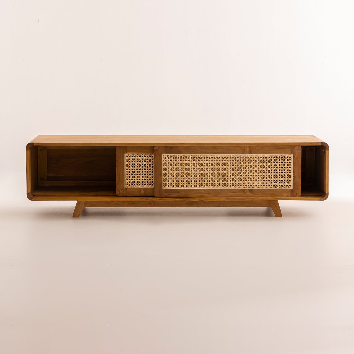 Meuble TV en Bois de Teck et Cannage - 180x40x45 cm