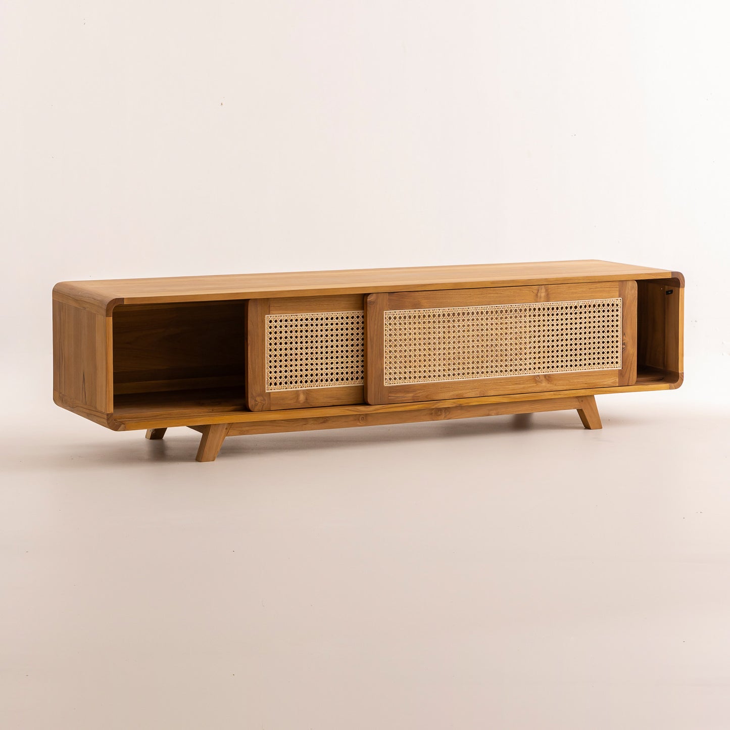 Meuble TV en Bois de Teck et Cannage - 180x40x45 cm