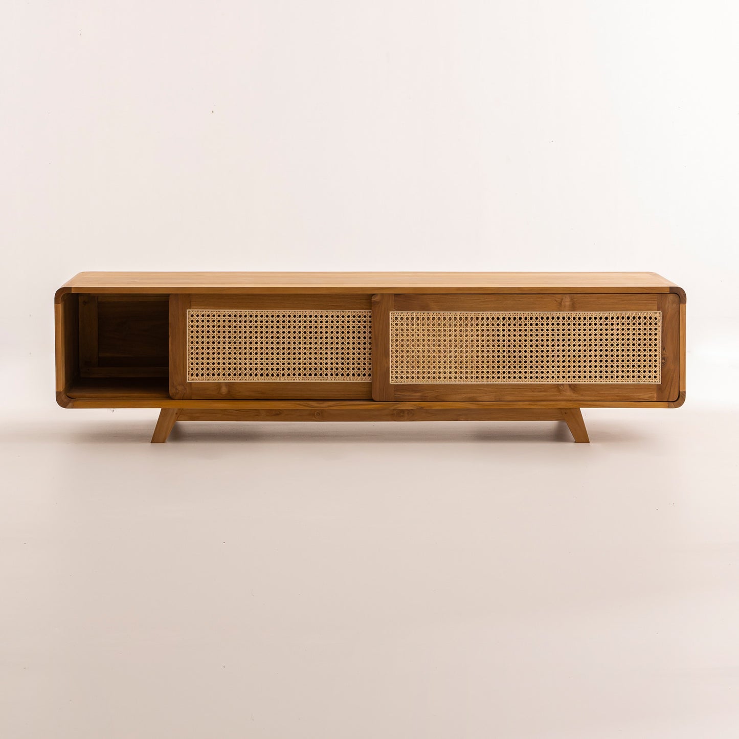 Meuble TV en Bois de Teck et Cannage - 180x40x45 cm