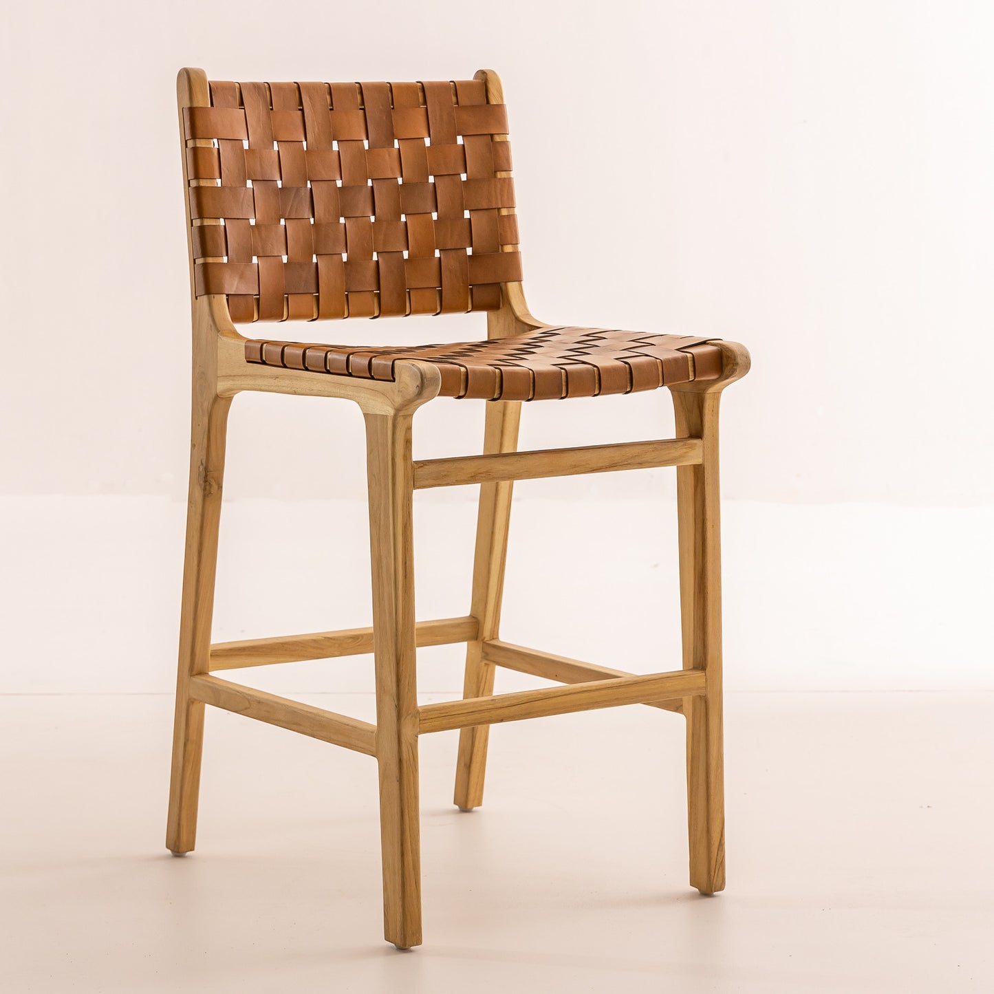 Chaise haute en bois de teck - Oka cuir marron