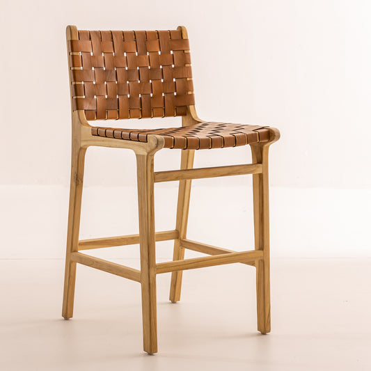 Chaise haute en bois de teck - Oka cuir marron