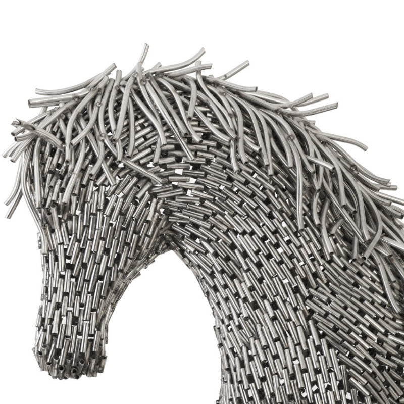 statue cheval en marche en cylindre inox
