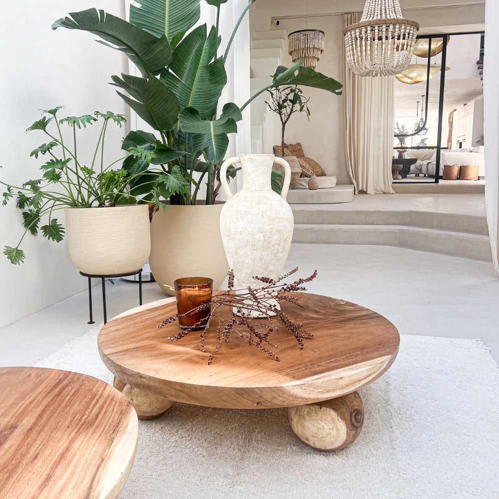 Table basse en suar massif ronde pieds boules 100 cm