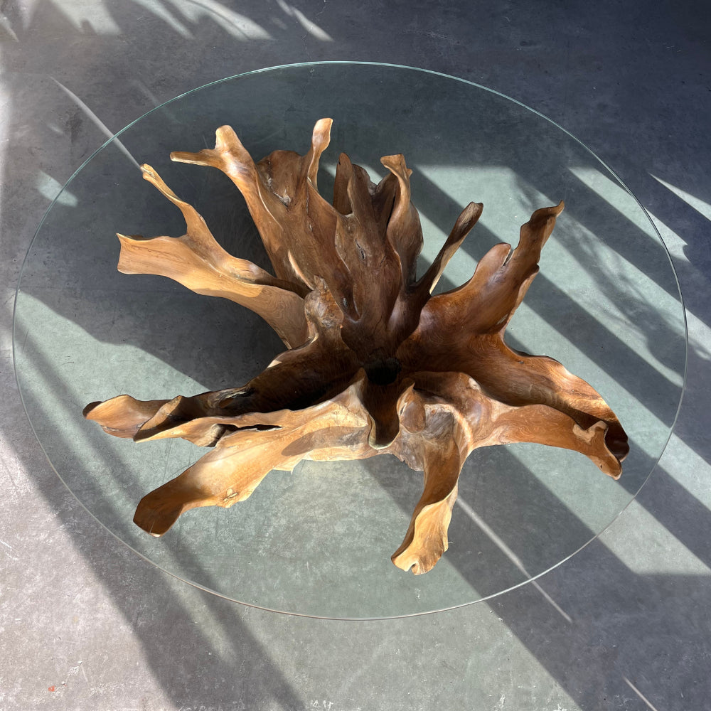 Table basse en racines de teck flower et plateau en verre - ref 1161