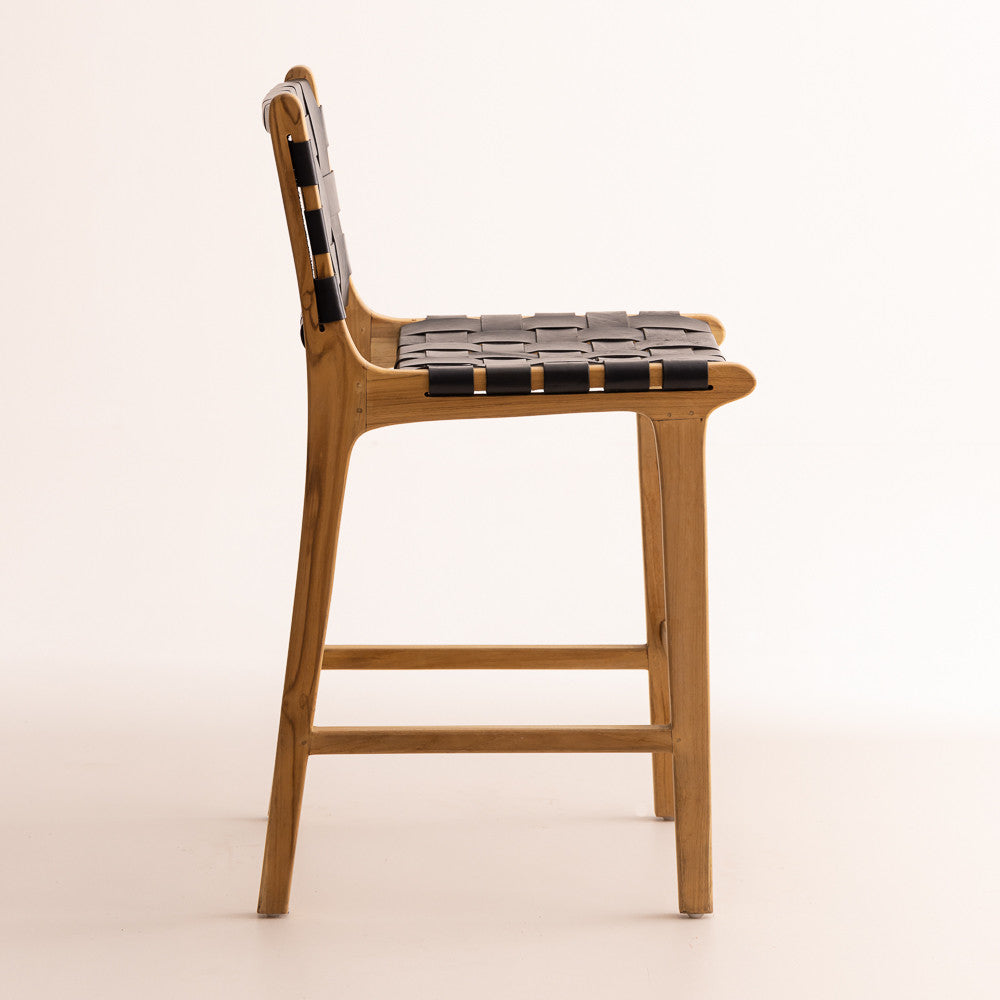 Chaise haute en bois de teck - Oka cuir noir
