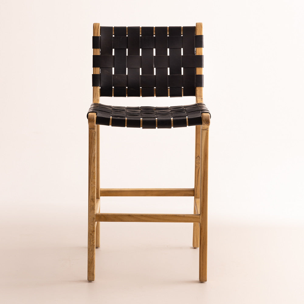 Chaise haute en bois de teck - Oka cuir noir