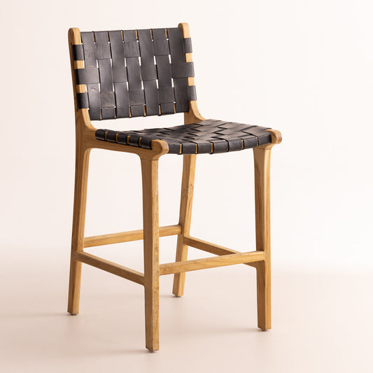 Chaise haute en bois de teck - Oka cuir noir