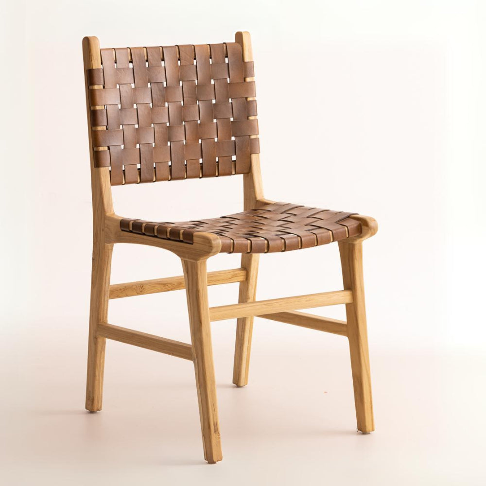 Chaise en bois de Teck et Cuir Marron Antique - Karna