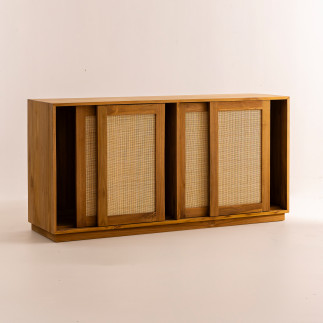 Buffet Rotan - 4 portes coulissantes en bois et cannage - 160x45x80 cm