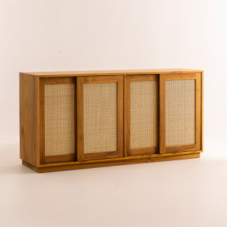 Buffet Rotan - 4 portes coulissantes en bois et cannage - 160x45x80 cm