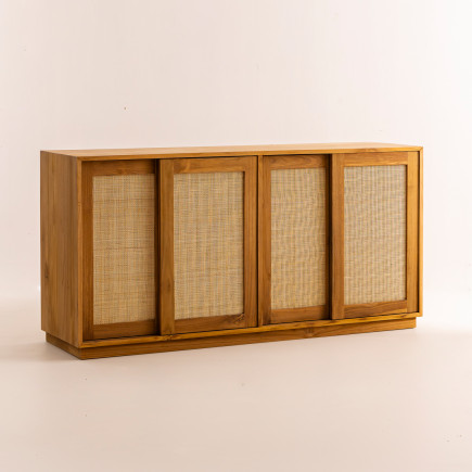 Buffet Rotan - 4 portes coulissantes en bois et cannage - 160x45x80 cm