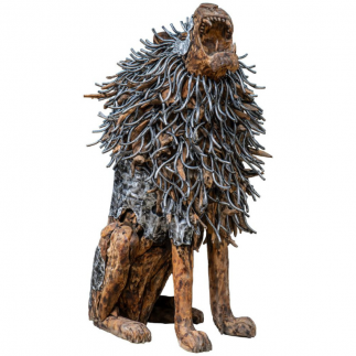 Statue lion en bois avec cheveux en aluminium
