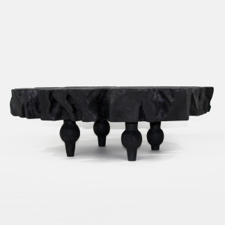 Table basse en litchi - noir - pieds boules (97 x 110 x 40 cm)