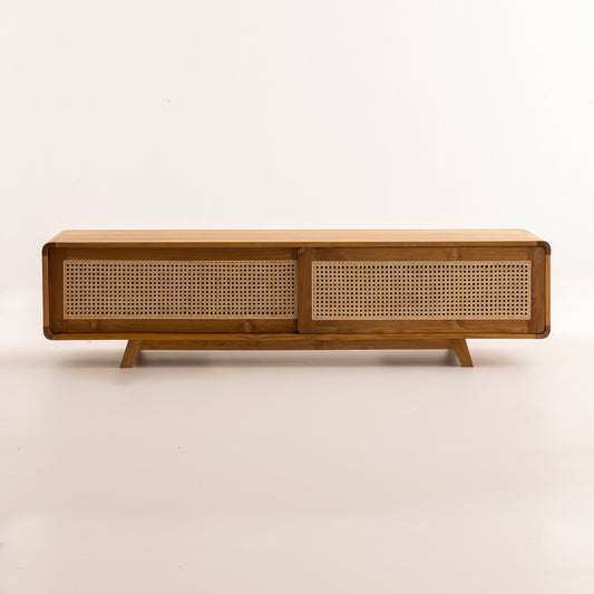 Meuble TV en Bois de Teck et Cannage - 180x40x45 cm