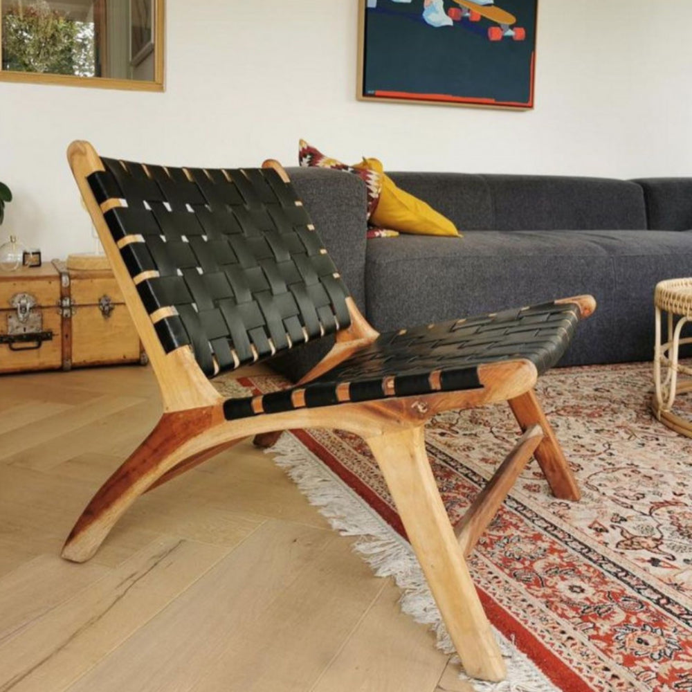 Fauteuil Relax en teck et cuir noir