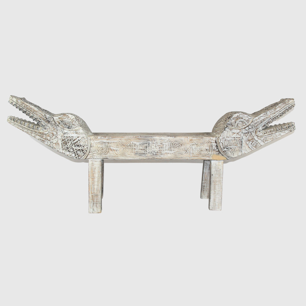 Banc crocodile double têtes en bois recyclé sculpté de Bali