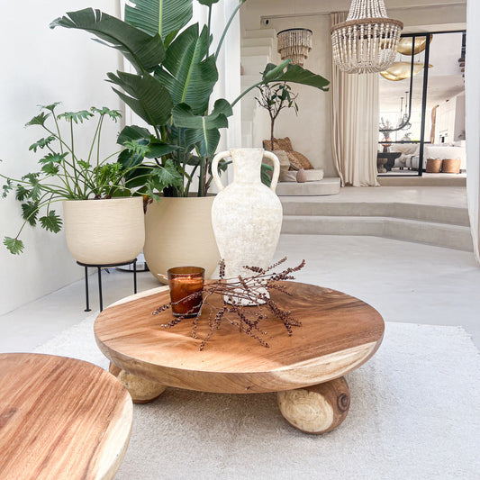 Table basse en suar massif ronde pieds boules 80 cm