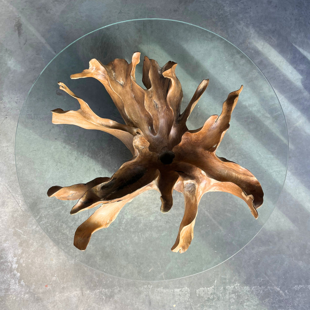 Table basse en racines de teck flower et plateau en verre - ref 1161