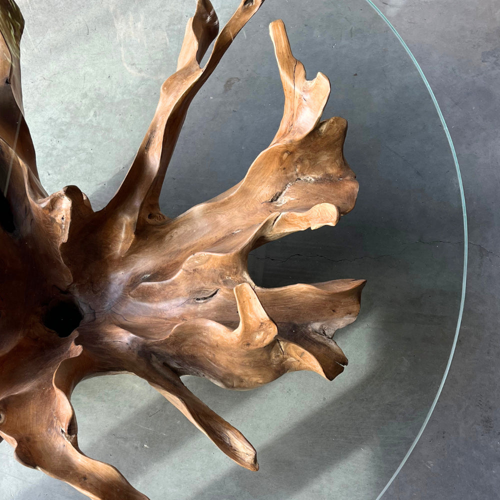 Table basse en racines de teck flower et plateau en verre - ref 1161