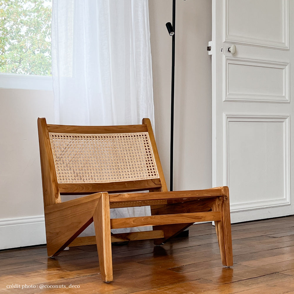 Fauteuil Lazy en bois et cannage (inspiration Jeanneret)