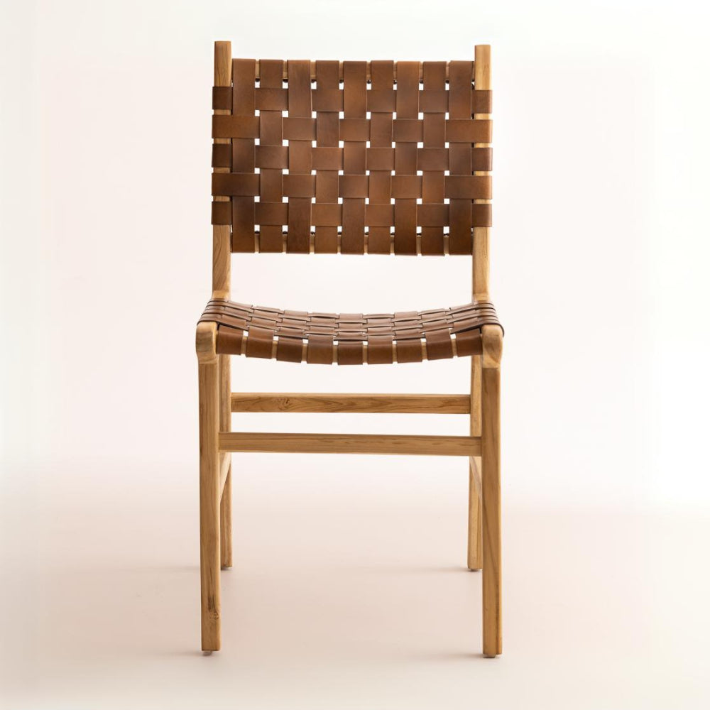 Chaise en bois de Teck et Cuir Marron Antique - Karna