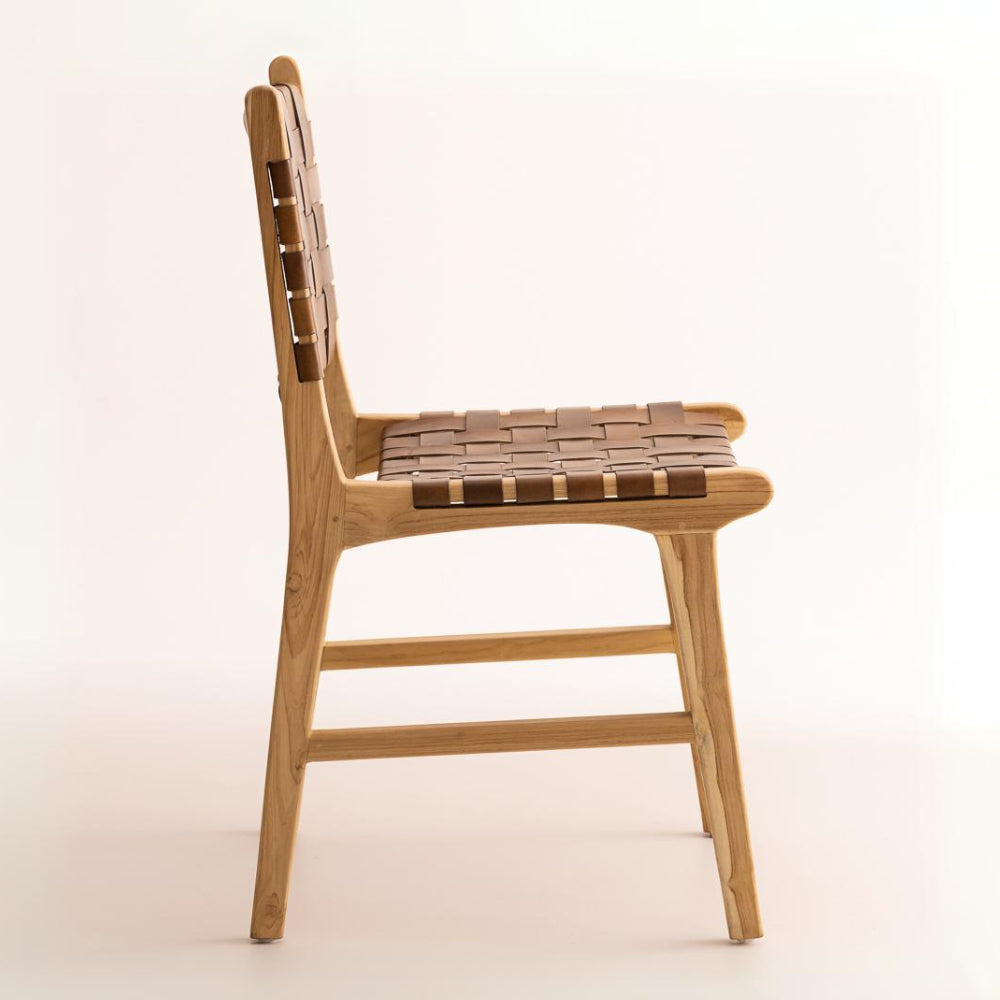 Chaise en bois de Teck et Cuir Marron Antique - Karna